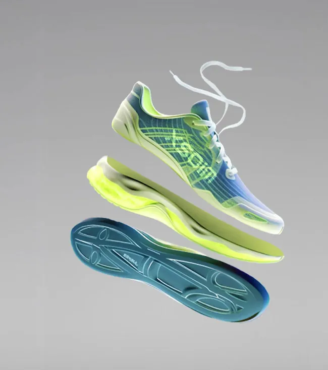 Website design for a running shoe brand, with a trainer floating mid-air