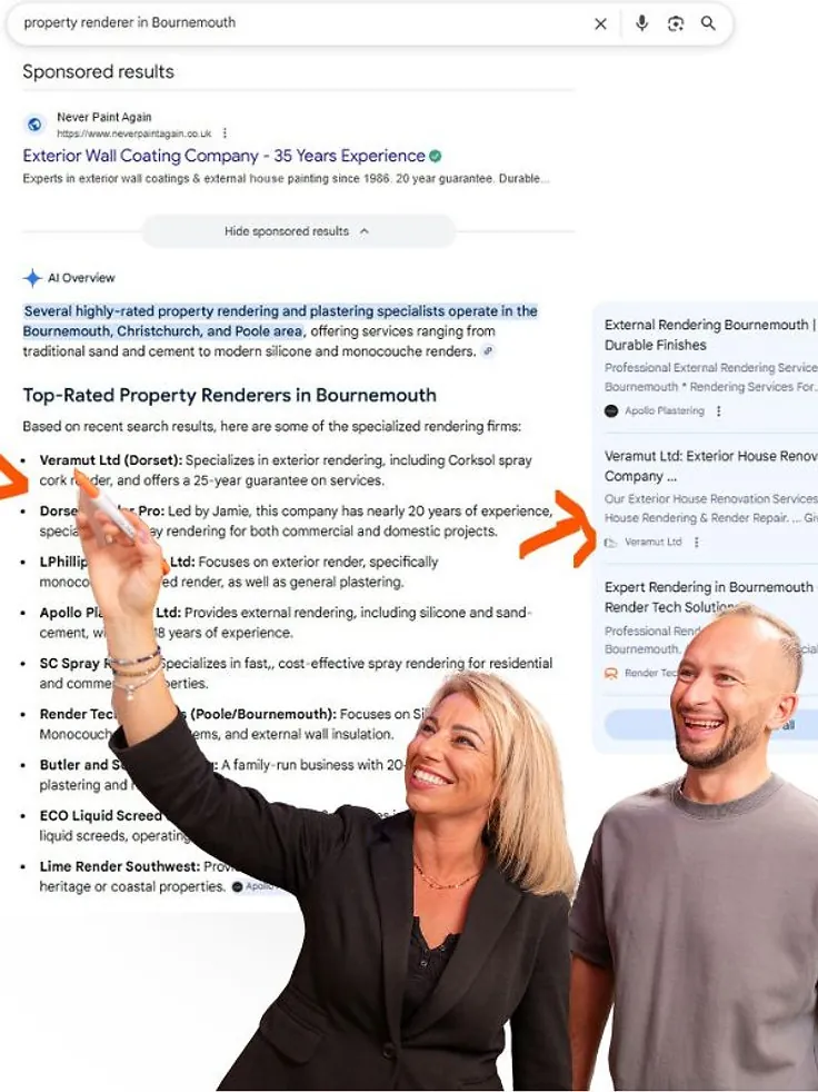 Google AI Overview for property renderers in Bournemouth, listing our client Veramut Ltd first