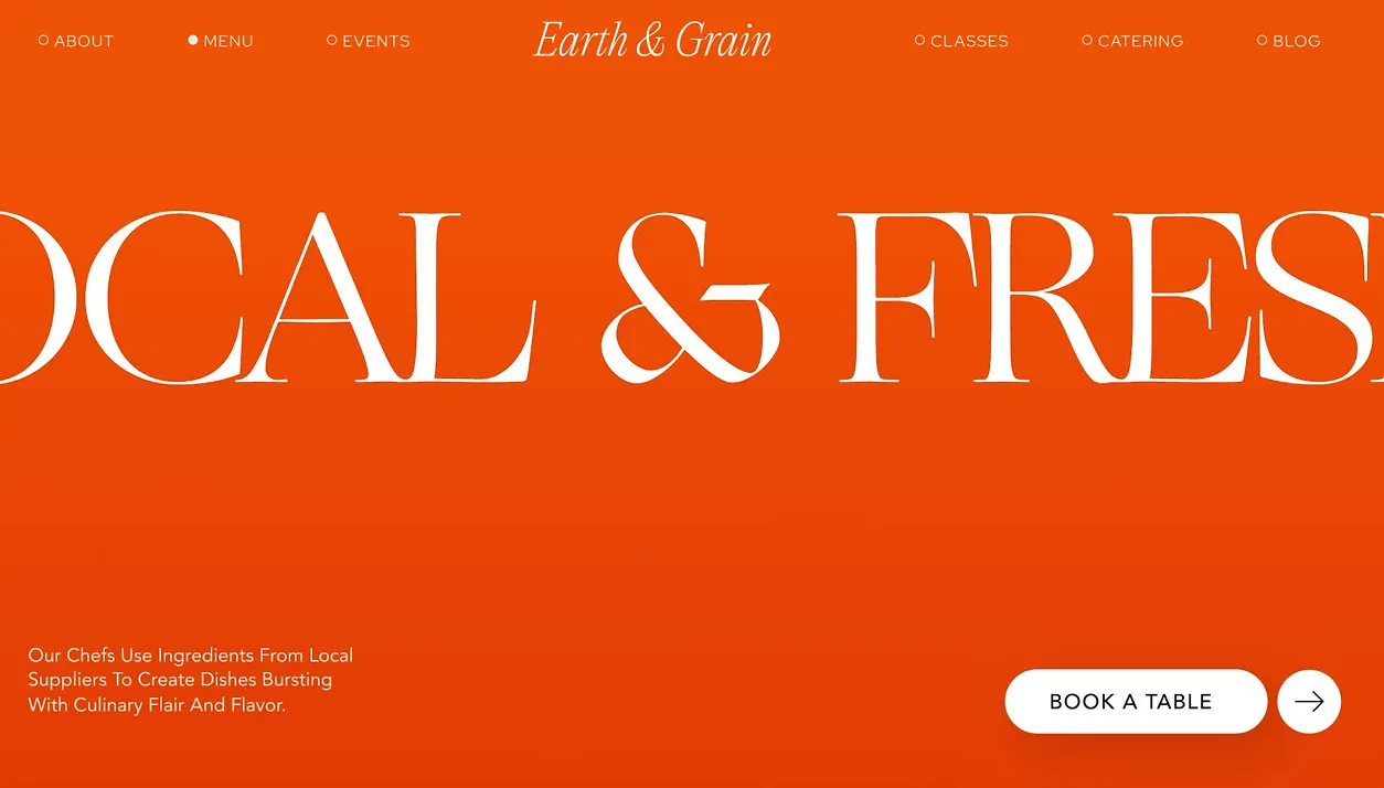 Earth & Grain restaurant website design with a Book a table button