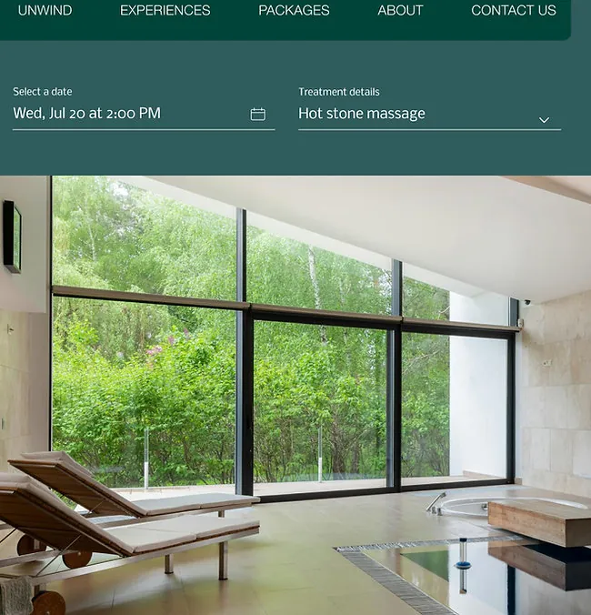 Spa website design with a booking bar over a pool room with garden views