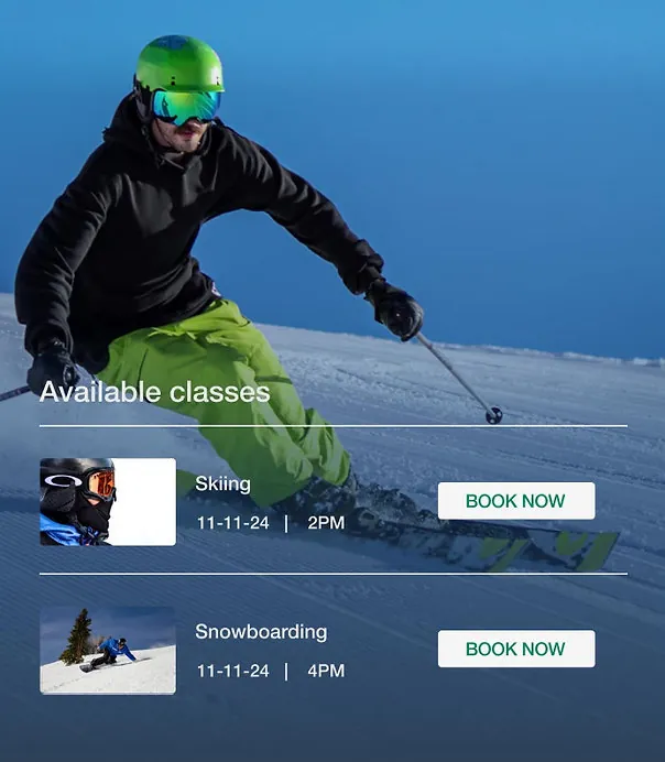 Ski school website design with a skier and bookable classes