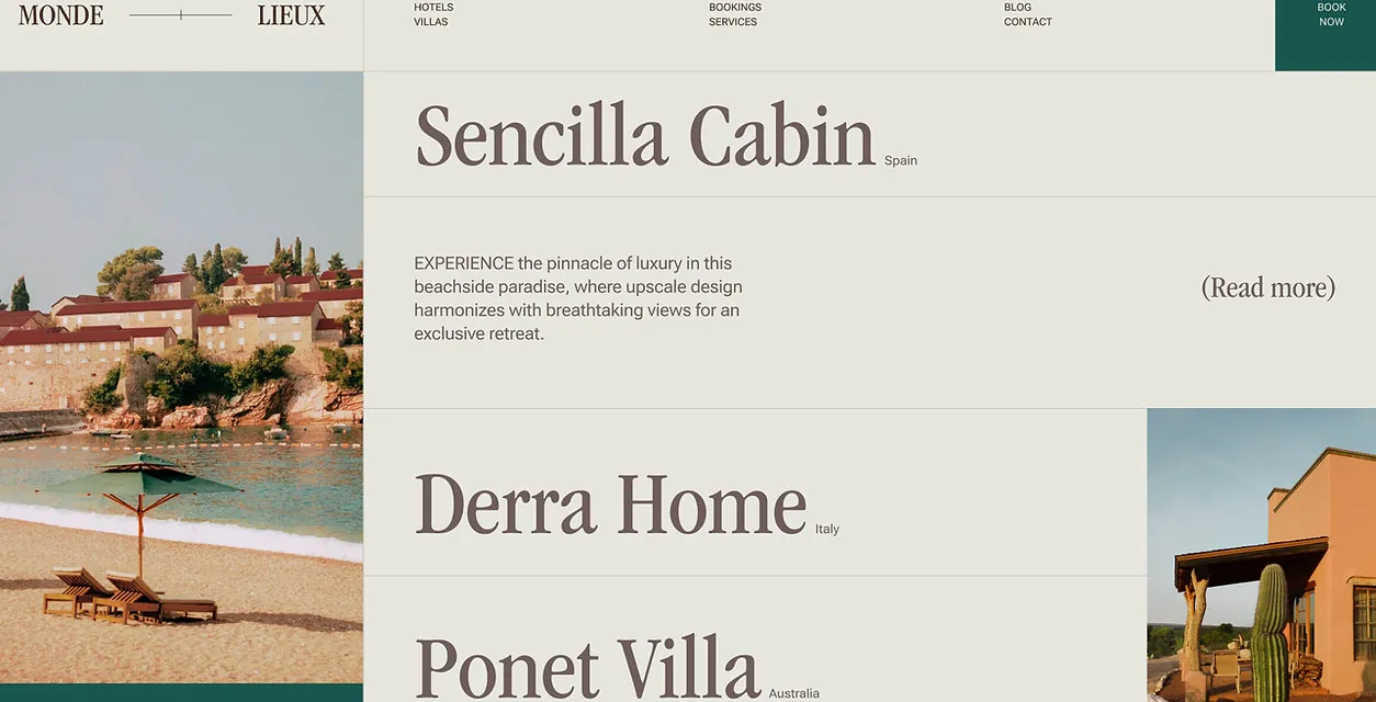 Monde Lieux travel website design listing Sencilla Cabin, Derra Home and Ponet Villa