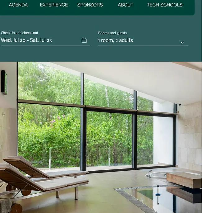 Conference website design with a booking bar over a glass-walled lounge